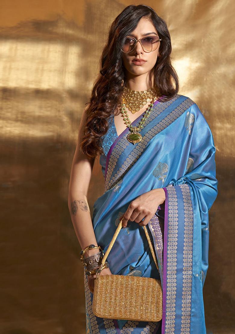 Blue Zari Weaving Satin Sarees