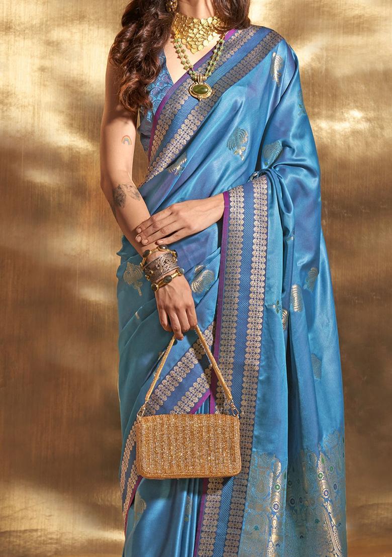 Blue Zari Weaving Satin Sarees