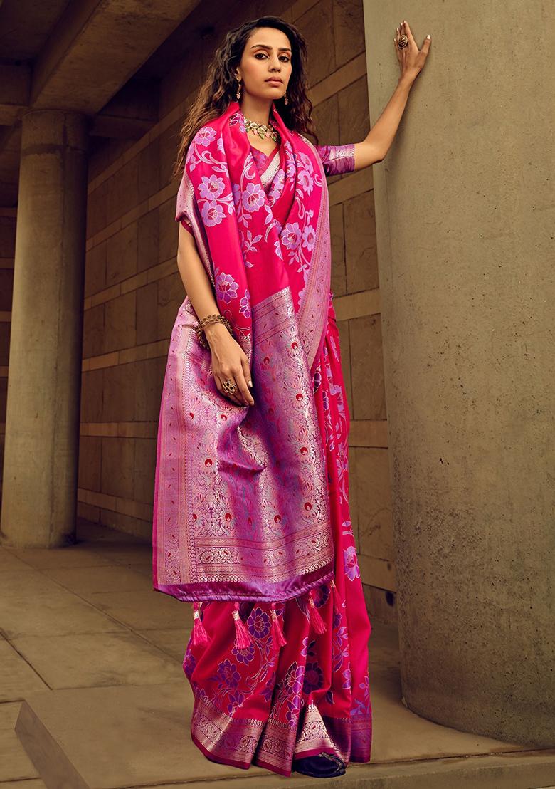 Pink Zari Weaving Silk Sarees