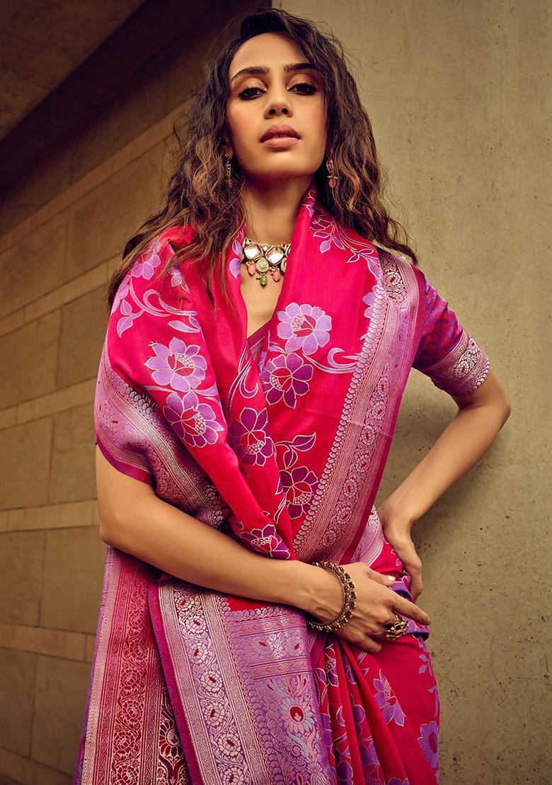 Pink Zari Weaving Silk Sarees