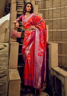 Orange Zari Weaving Silk Sarees