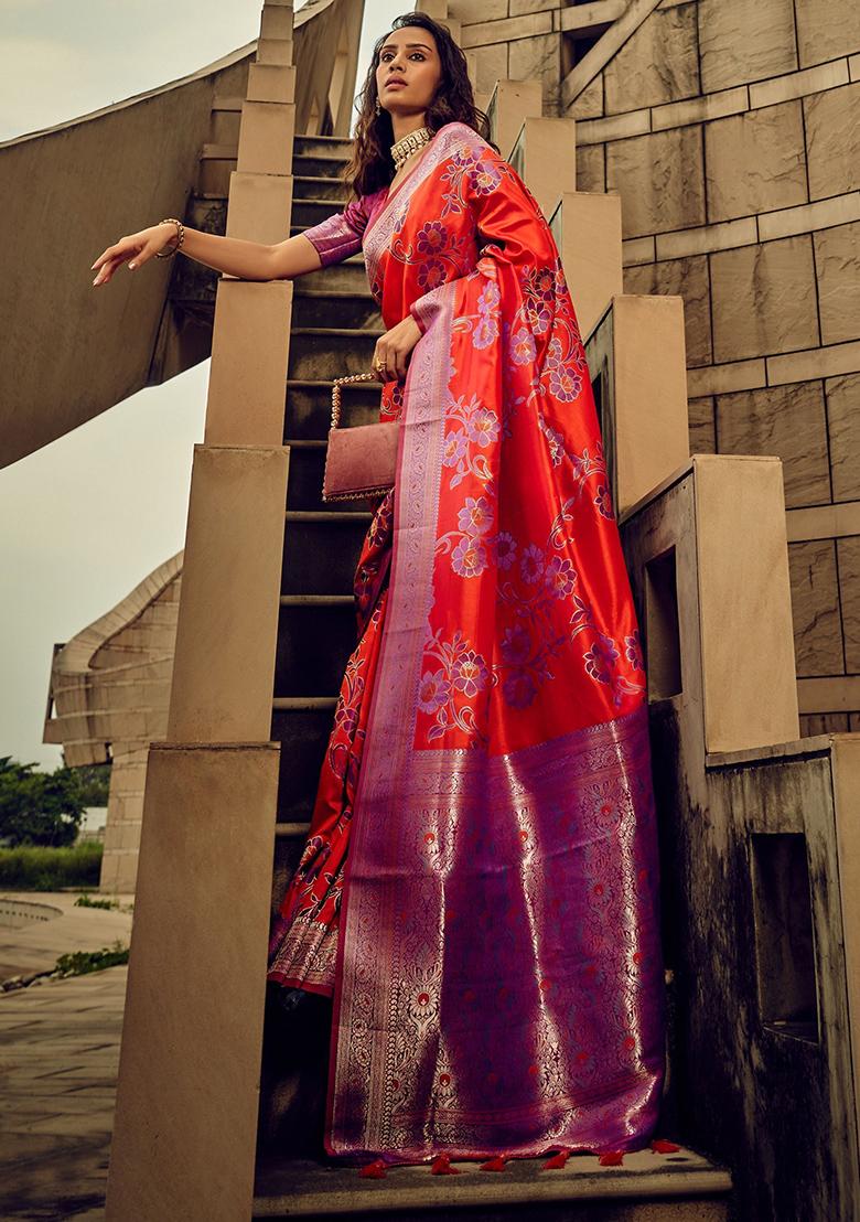 Orange Zari Weaving Silk Sarees