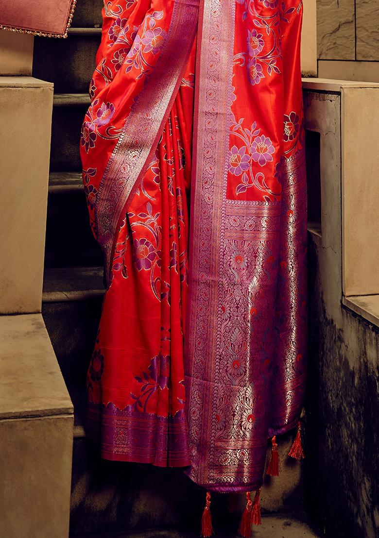 Orange Zari Weaving Silk Sarees