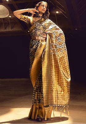 Grey Zari Weaving Organza Sarees