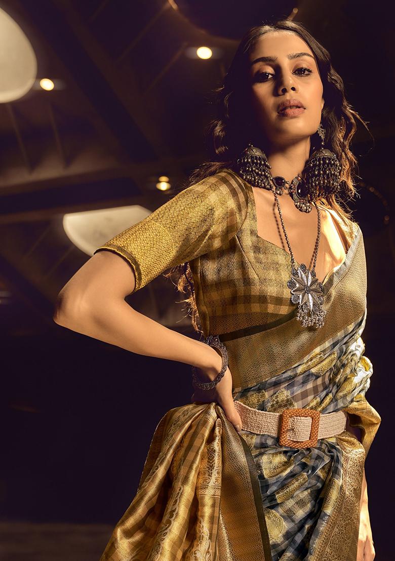 Grey Zari Weaving Organza Sarees