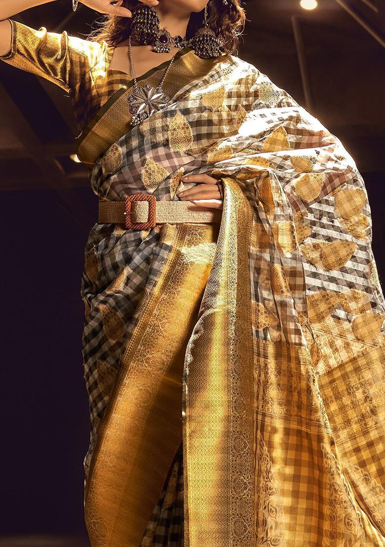 Grey Zari Weaving Organza Sarees