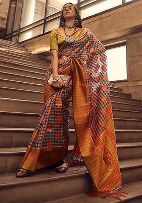 Grey Zari Weaving Organza Sarees