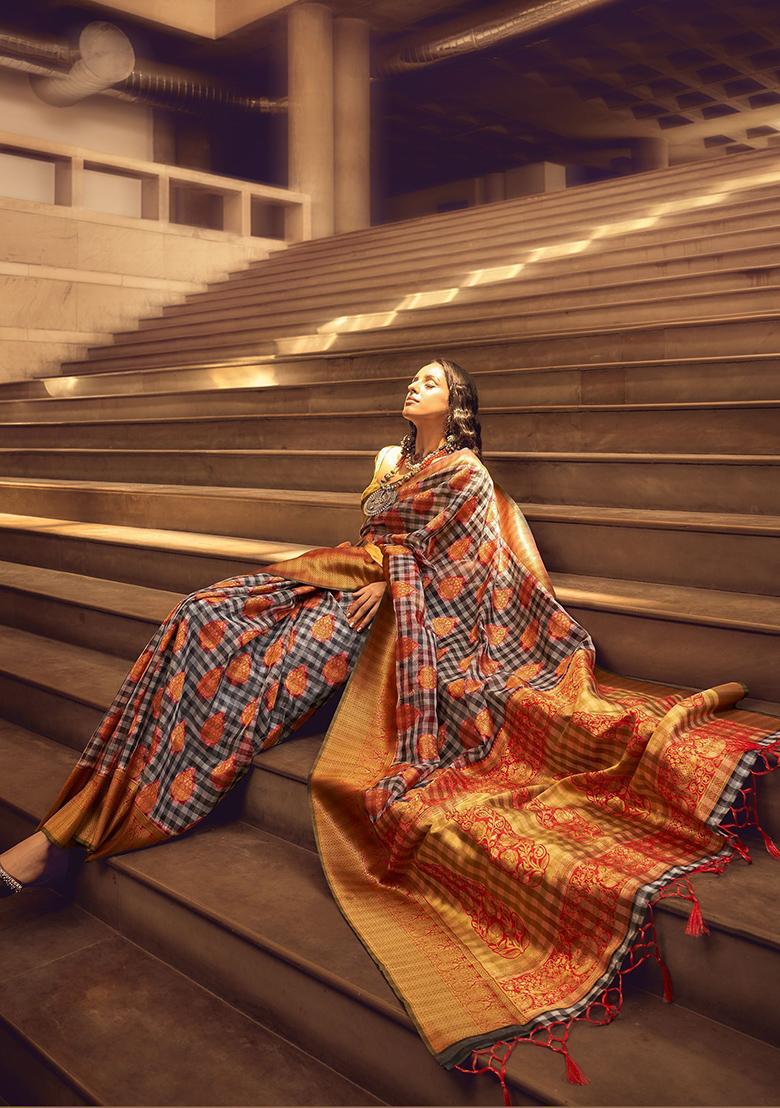 Grey Zari Weaving Organza Sarees