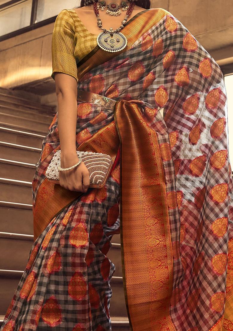 Grey Zari Weaving Organza Sarees