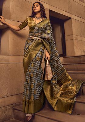 Grey Zari Weaving Organza Sarees