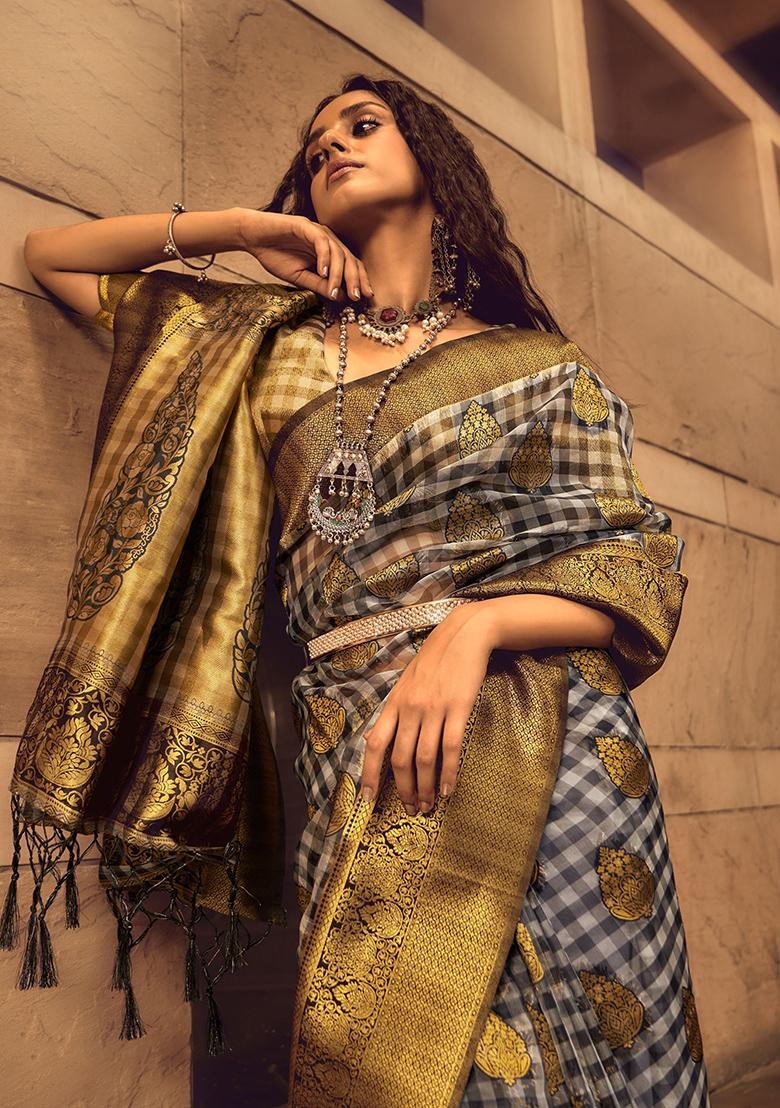 Grey Zari Weaving Organza Sarees