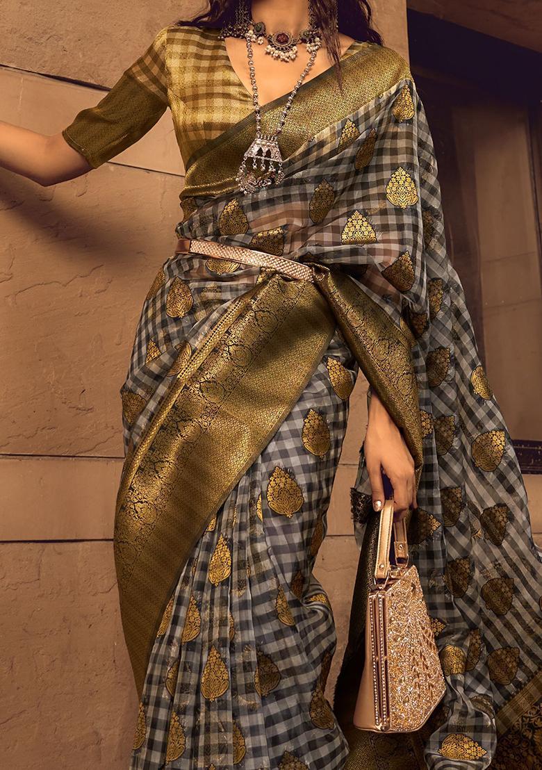 Grey Zari Weaving Organza Sarees