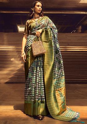 Grey Zari Weaving Organza Sarees