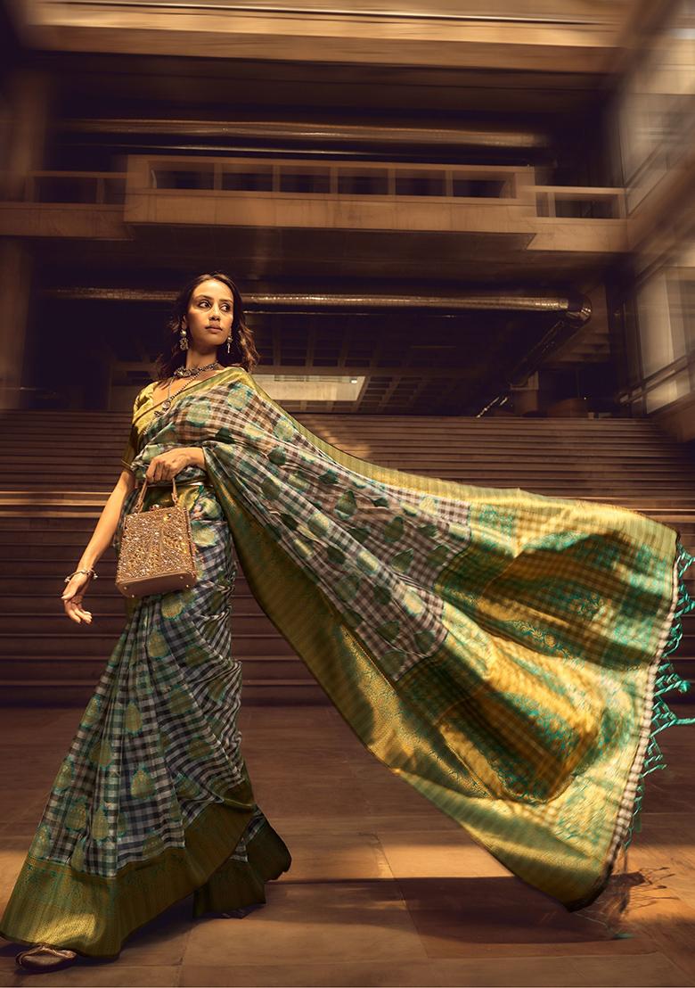 Grey Zari Weaving Organza Sarees