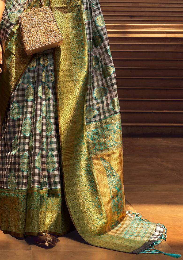 Grey Zari Weaving Organza Sarees