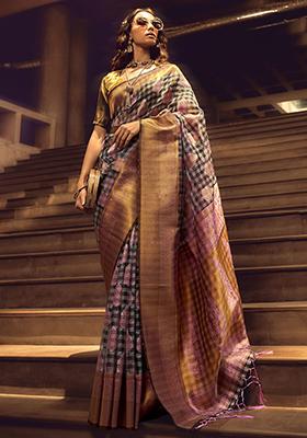Grey Zari Weaving Organza Sarees