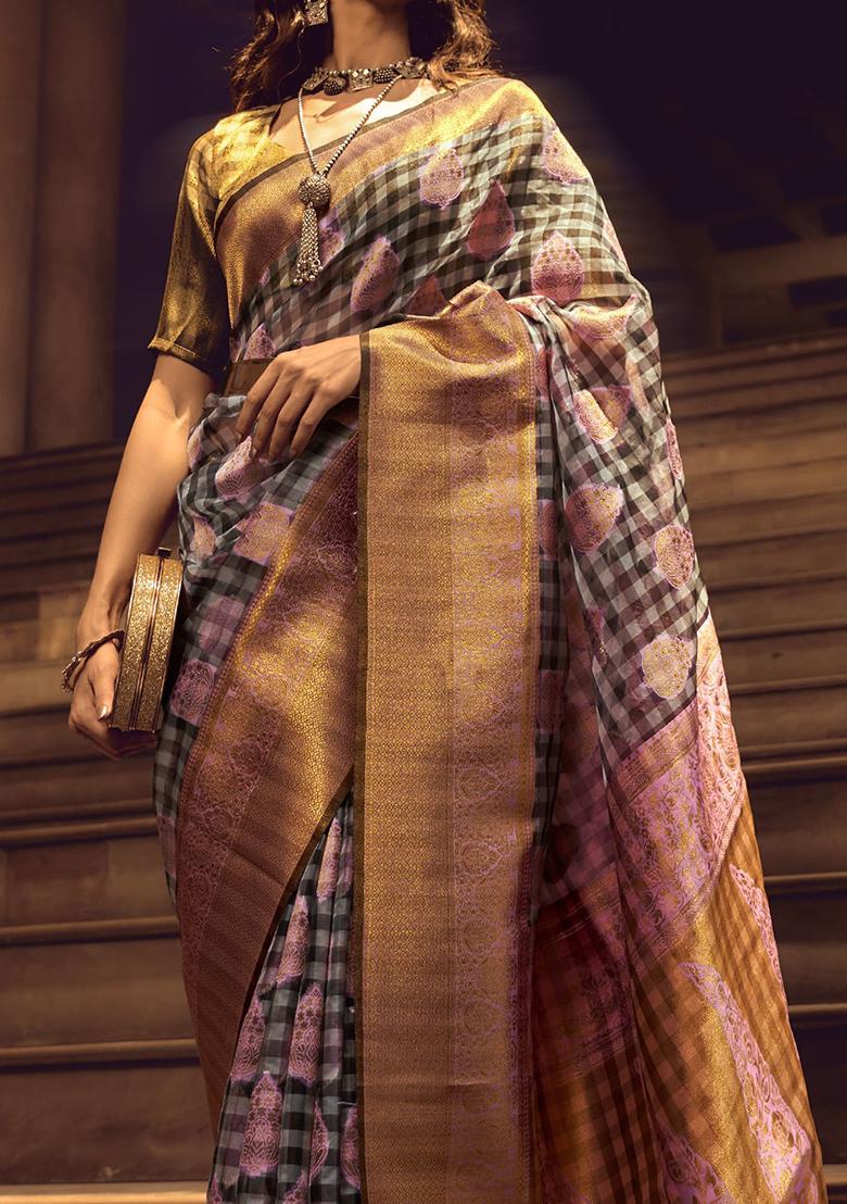 Grey Zari Weaving Organza Sarees