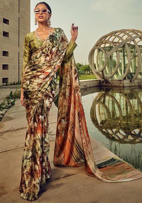 Multicolour Digital Print Satin Sarees