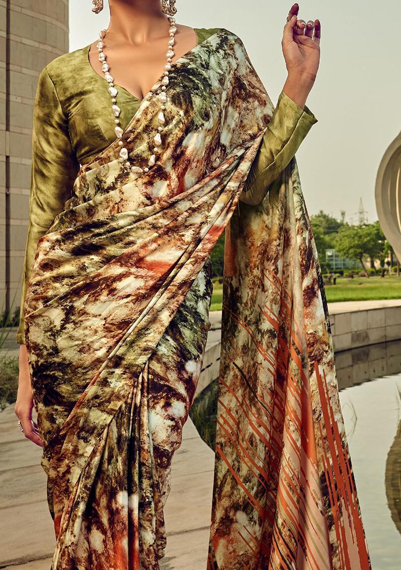 Multicolour Digital Print Satin Sarees
