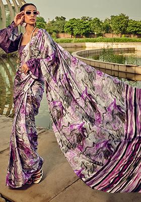 Grey Digital Print Satin Sarees