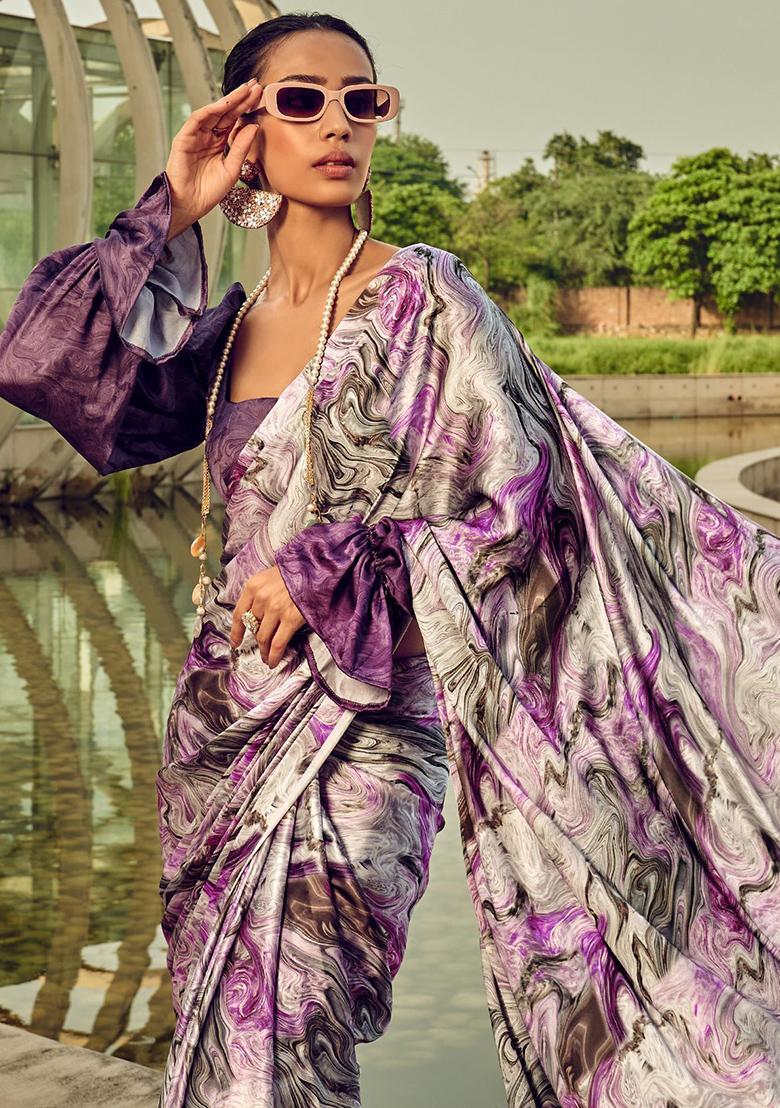 Grey Digital Print Satin Sarees