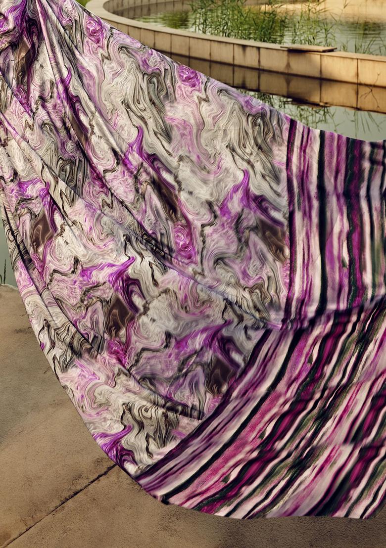 Grey Digital Print Satin Sarees