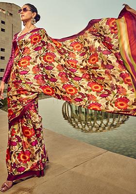 Beige Floral Print Satin Sarees