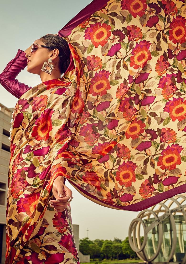 Beige Floral Print Satin Sarees