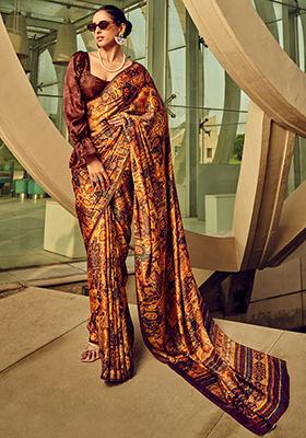 Orange Digital Print Satin Sarees