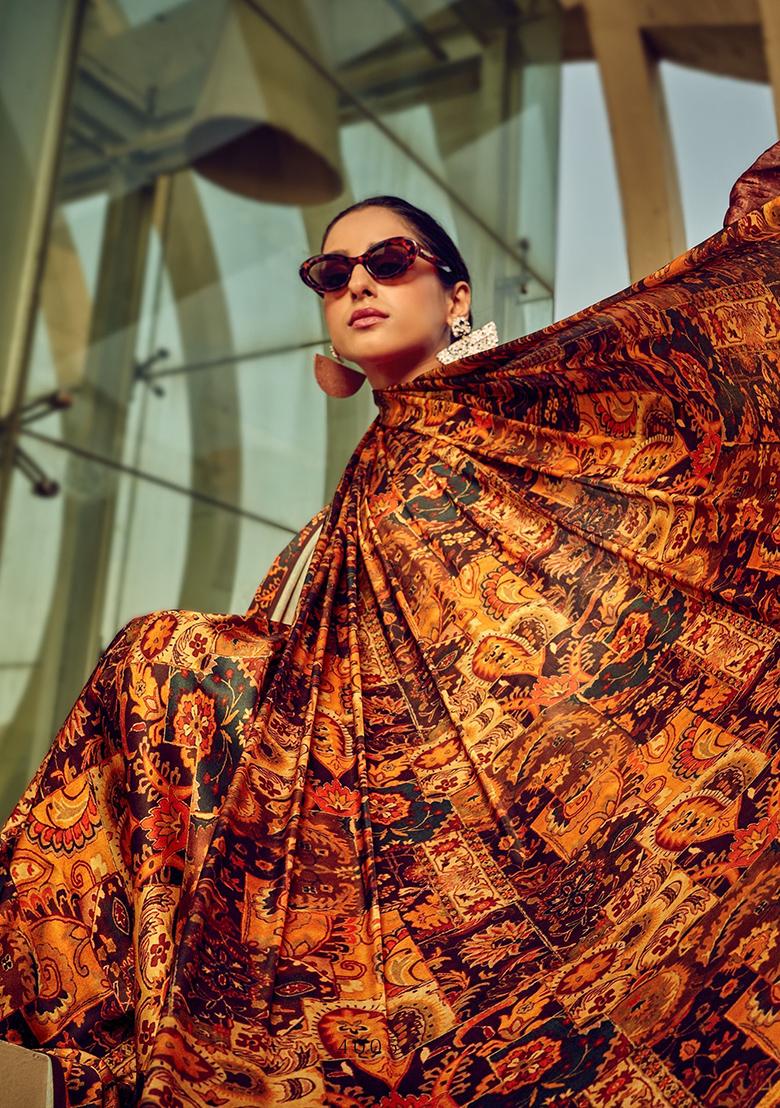 Orange Digital Print Satin Sarees