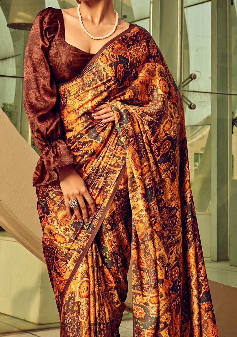 Orange Digital Print Satin Sarees