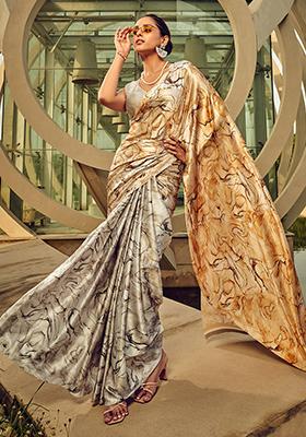 Grey Digital Print Satin Sarees