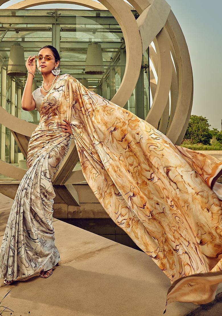 Grey Digital Print Satin Sarees