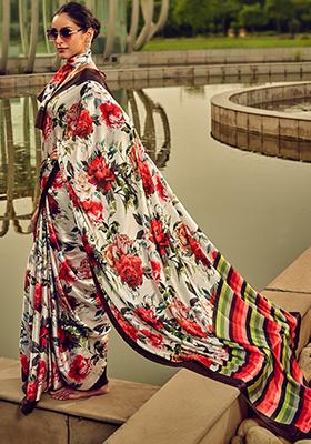 White Floral Print Satin Sarees