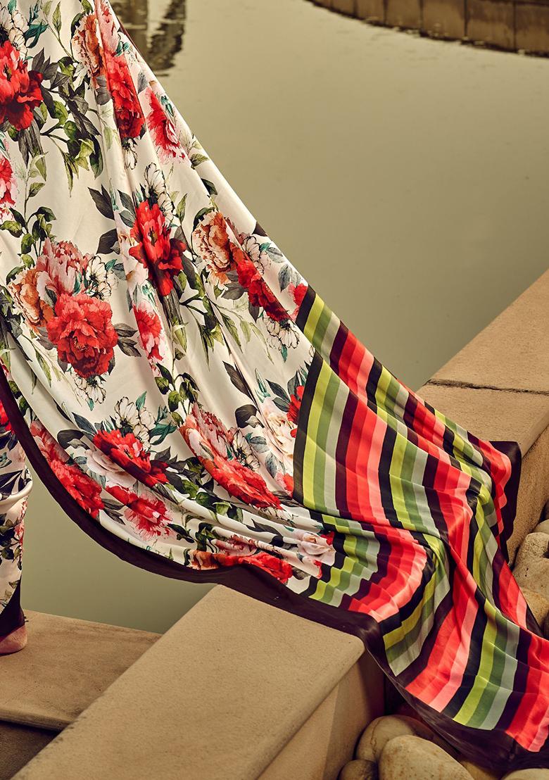 White Floral Print Satin Sarees