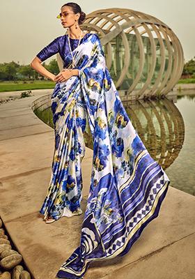 White Digital Print Satin Sarees