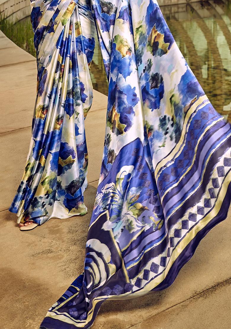 White Digital Print Satin Sarees