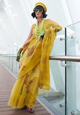 Yellow Digital Print Tissue Silk Sarees