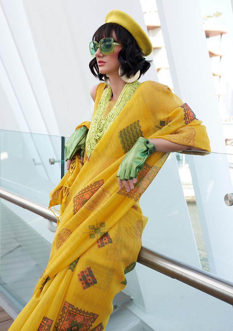 Yellow Digital Print Tissue Silk Sarees