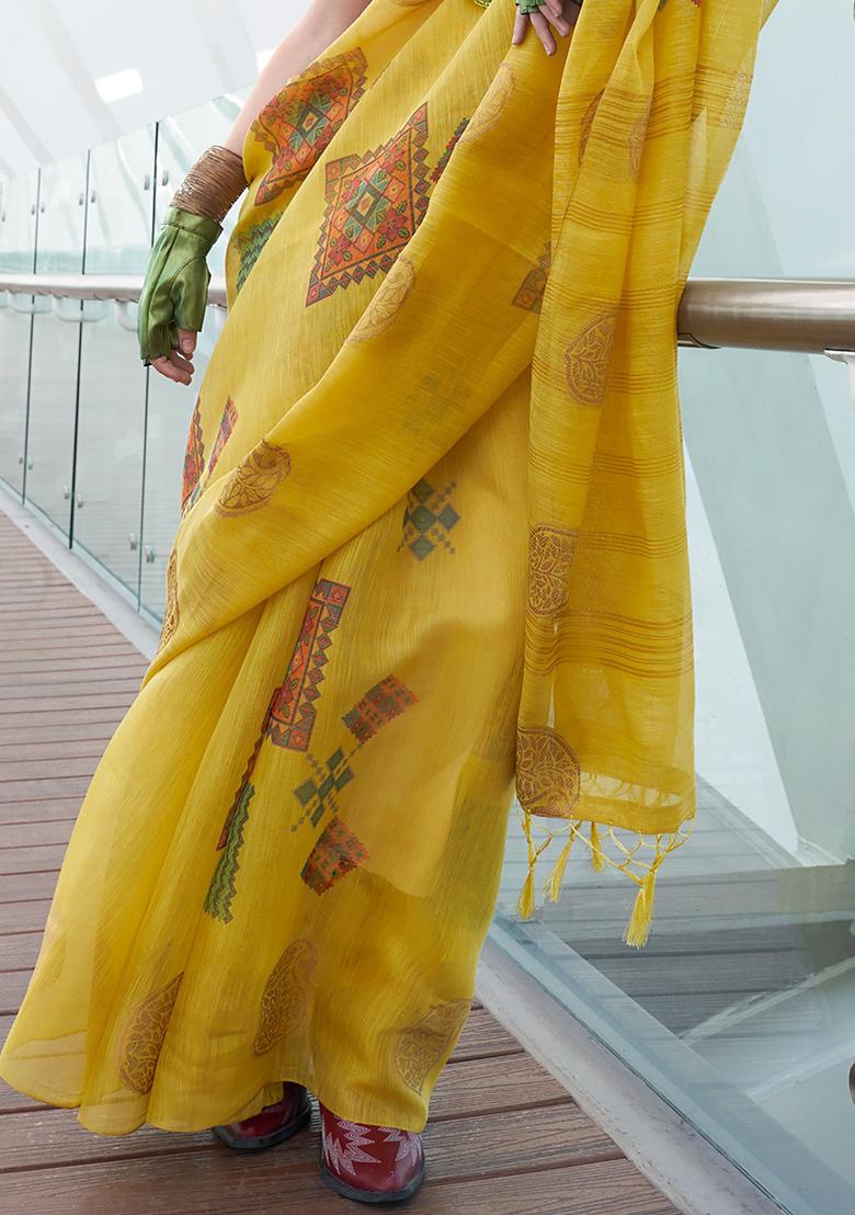 Yellow Digital Print Tissue Silk Sarees