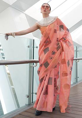 Peach Digital Print Tissue Silk Sarees