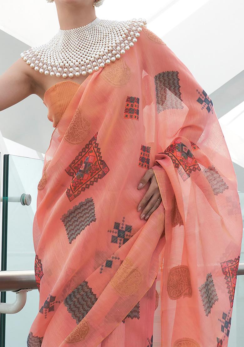Peach Digital Print Tissue Silk Sarees