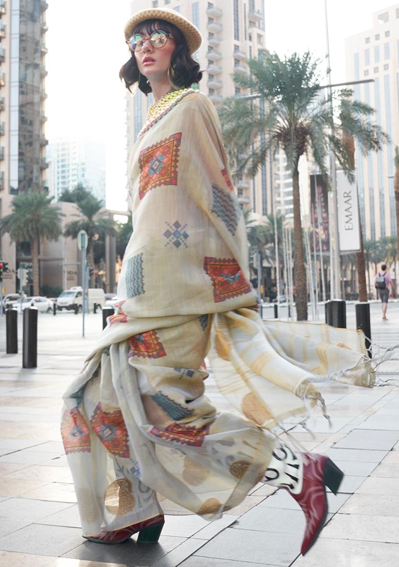 Off White Digital Print Tissue Silk Sarees