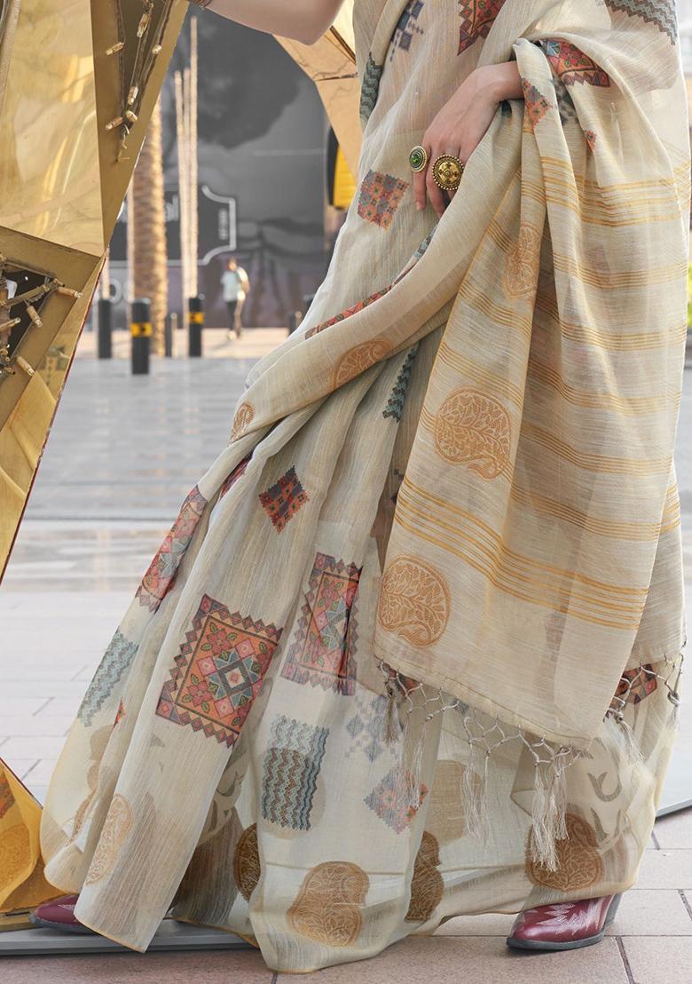 Off White Digital Print Tissue Silk Sarees