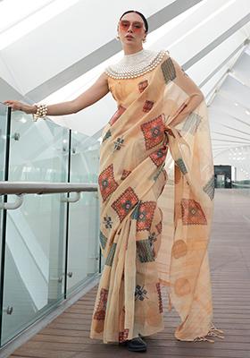 Cream Digital Print Tissue Silk Sarees