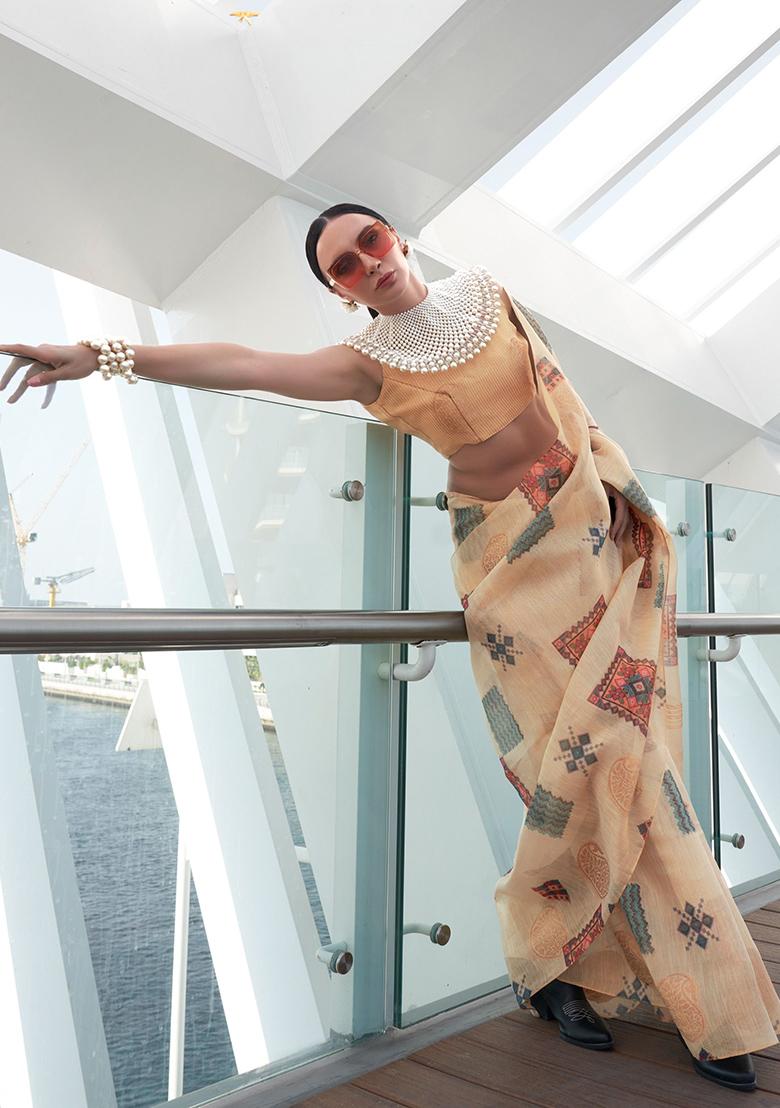 Cream Digital Print Tissue Silk Sarees