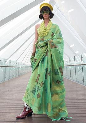 Green Digital Print Tissue Silk Sarees