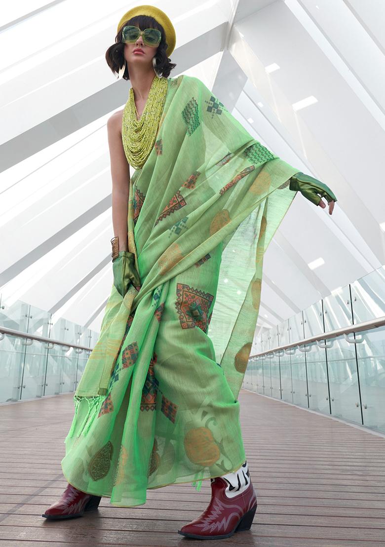 Green Digital Print Tissue Silk Sarees