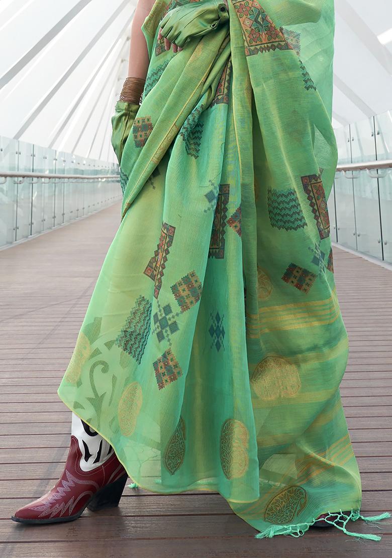 Green Digital Print Tissue Silk Sarees