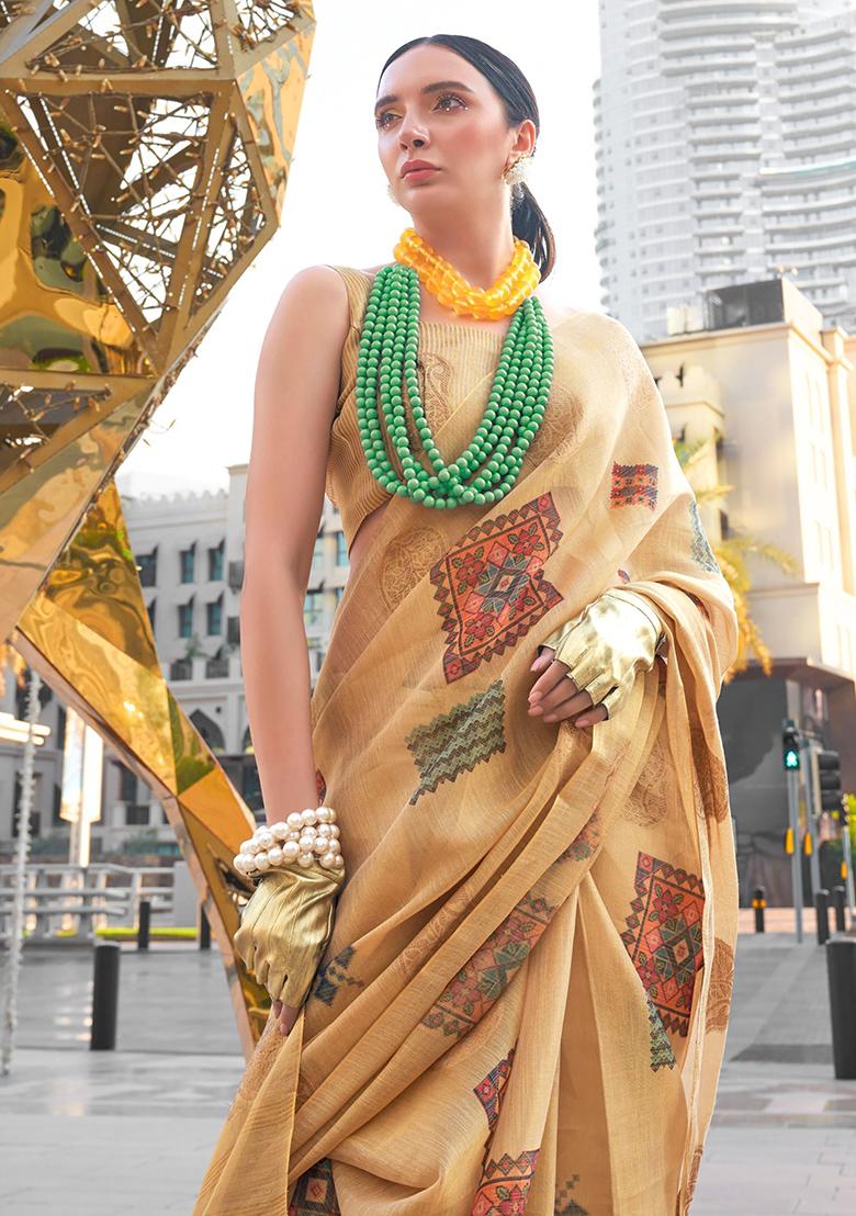 Yellow Digital Print Tissue Silk Sarees